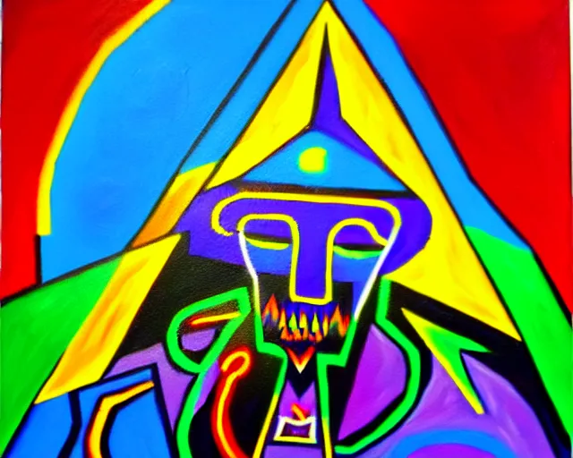 Image similar to Oil painting of a wizard on death mountain. Layered colorful magic spells in guernica style. Neon geometric geometric inks artwork. Elemental envelopment of the arcane master mage's ritual