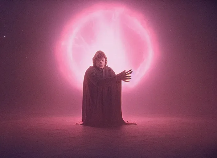 Image similar to Luke skywalker kneels before a star wars alien oracle, a mystic with infinite knowledge of time. in a foggy pink land. still from the 1983 film directed by David Lynch. Photographed with Leica Summilux-M 24 mm lens, ISO 100, f/8, Portra 400