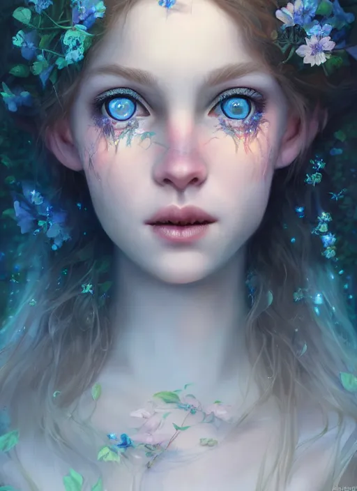 Image similar to portrait of a gorgeous fairy princess of the forest, perfect blue eyes, detailed iridescent floral pattern skin, 8k render, ultra realistic, cinematic lighting, artstation, artgerm, Seb McKinnon