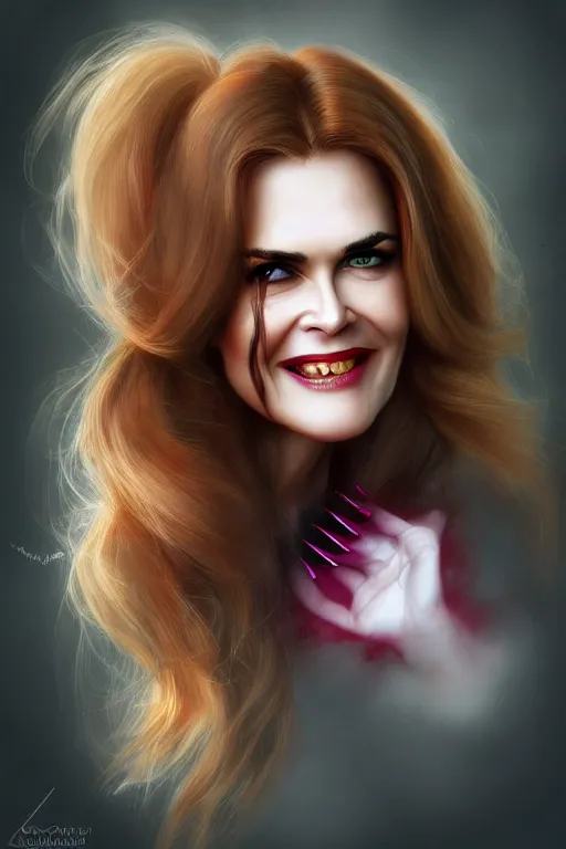 Image similar to mix of beautiful young maria shriver, mariel hemmingway, brooke shields, nicole kidman and elle macpherson as a vampire with mouth open with sharp teeth, thin lips, hair tied up in a pony tail, dark blonde hair, colorful, artstation, cgsociety