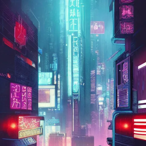 Prompt: neon cyberpunk cityscape, rainy, atmospheric, style of ghost in the shell