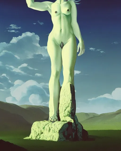 Image similar to a painting of a real woman standing in front of a huge stone statue, a screenshot by stanley twardowicz, cgsociety, aestheticism, aesthetic, vaporwave, anime aesthetic