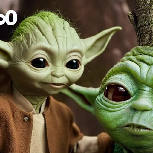 Prompt: Baby Yoda And groot meet each other for the first time 4K quality super realistic