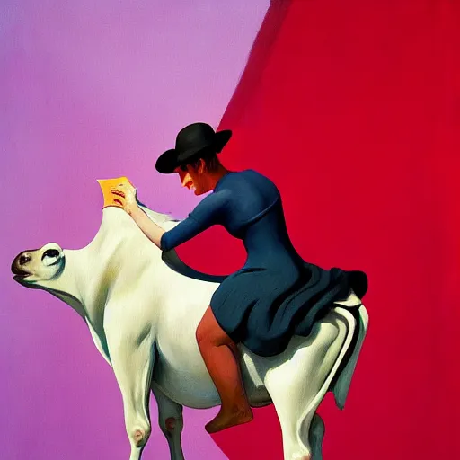 Prompt: A woman with tight dress riding a cow, very coherent, painted by Edward Hopper, Wayne Barlowe, painted by James Gilleard, airbrush, art by JamesJean