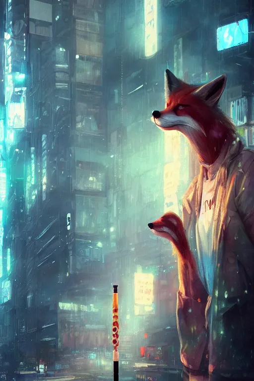 Prompt: beautiful portrait of a tall female anthro fox smoking a cigarette white standing head and shoulders taller than the bustling crowd of a rainy city street, cyberpunk, harsh neon lights, highly detailed, sharp focus, digital painting, illustration, trending on artstation, art by sakimichan, wlop, greg rutkowski