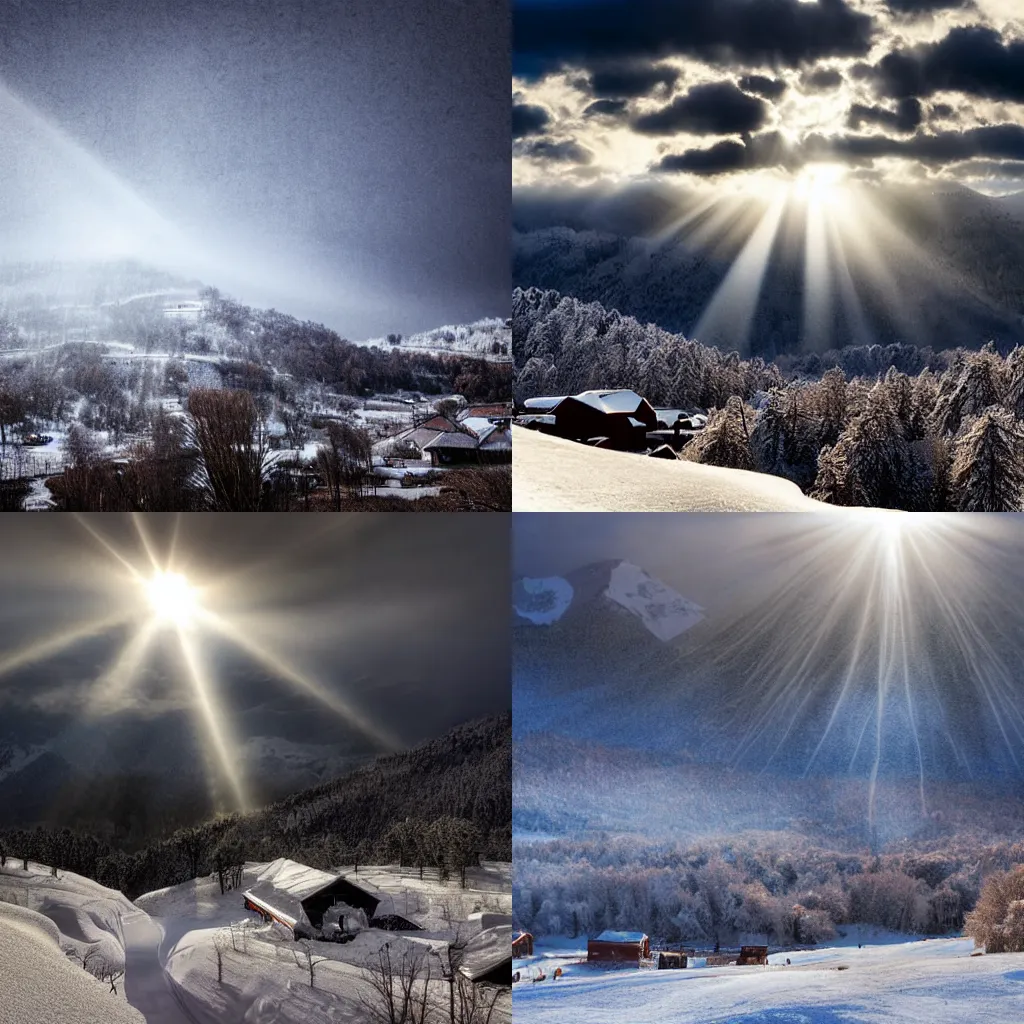 Prompt: snowing blizzard tornado around the mountain cinematic overlook a futuristic village, photograph, god rays, light, sun melting ice and snow