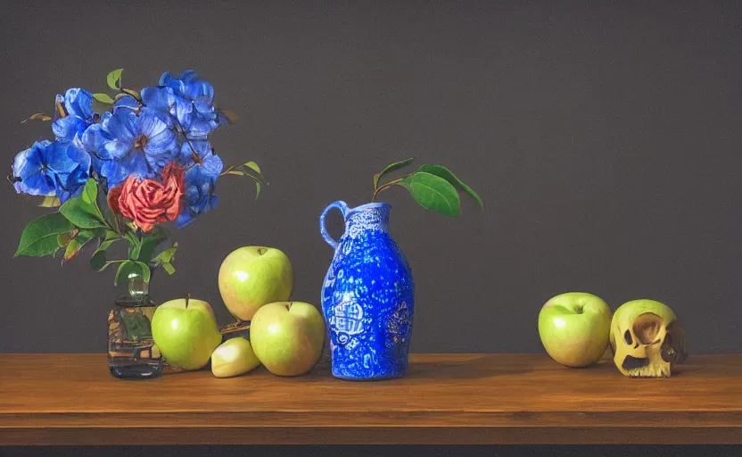 Image similar to Realistic still lifes photo studio, porcelain vase, apple, blue flowers, bottle of wine, skull, copper cup, golden hour 8k,High definition, ultra detailed