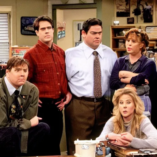 Prompt: the office cast on roseanne tv show, movie still