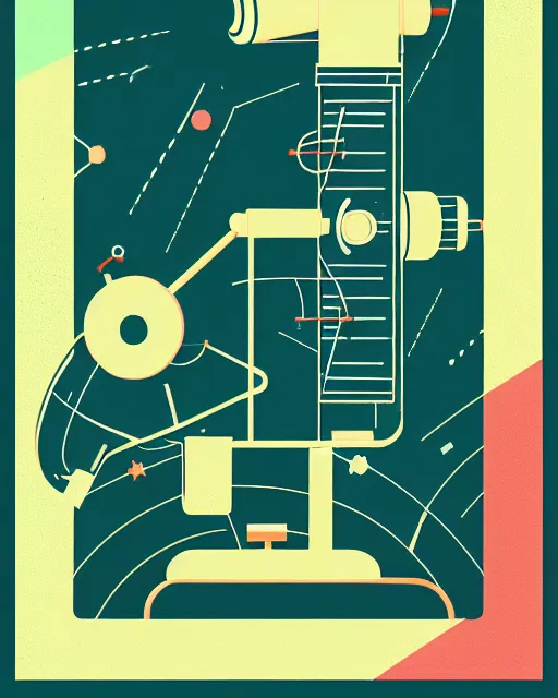 Image similar to editorial illustration scientific lab test tube telescope map microscope, colorful modern, mads berg, karolis strautniekas, christopher balaskas, fine texture, dynamic composition, detailed, matte print, dynamic perspective, halftone texture, muted color, lomography, risograph