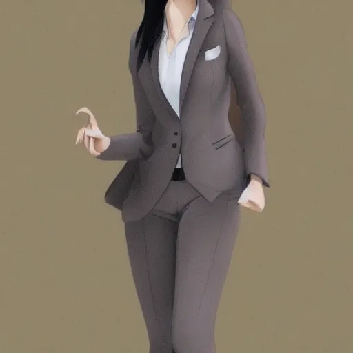 Image similar to woman in grey business suit, brown neat hair, pixiv, fanbox, trending on artstation, portrait, modern, sleek, highly detailed, formal, serious, determined, competent, colorized, smooth, charming, pretty, safe for work