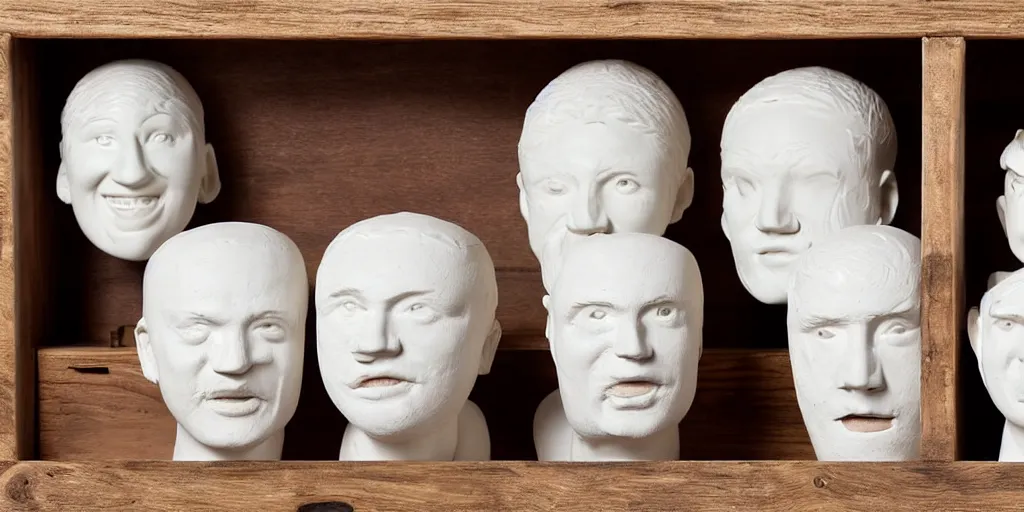 Prompt: an huge collection of assortment of white clay sculpted abstract and deformed heads in a rustic wooden letterbox, white matte porcelain, sculptures, museum display