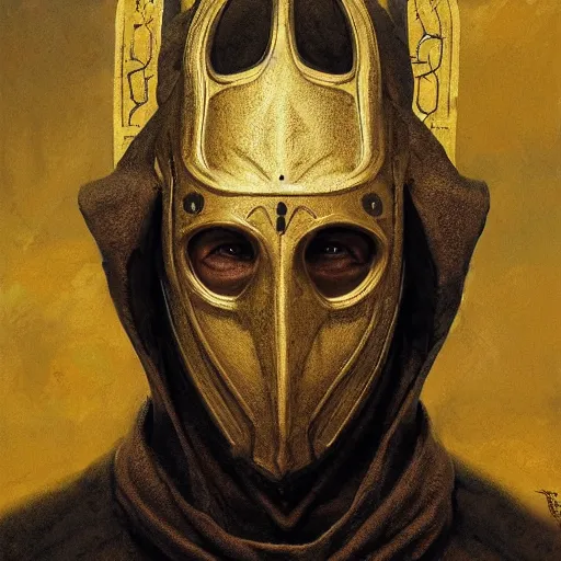 Prompt: Portrait of a priest with a golden mask looking like face of Nicolas Cage, dark fantasy, intricate, highly detailed, smooth, artstation, painted by Wayne Barlowe, Greg Rutkowski, zdislav beksinski, Francis Bacon