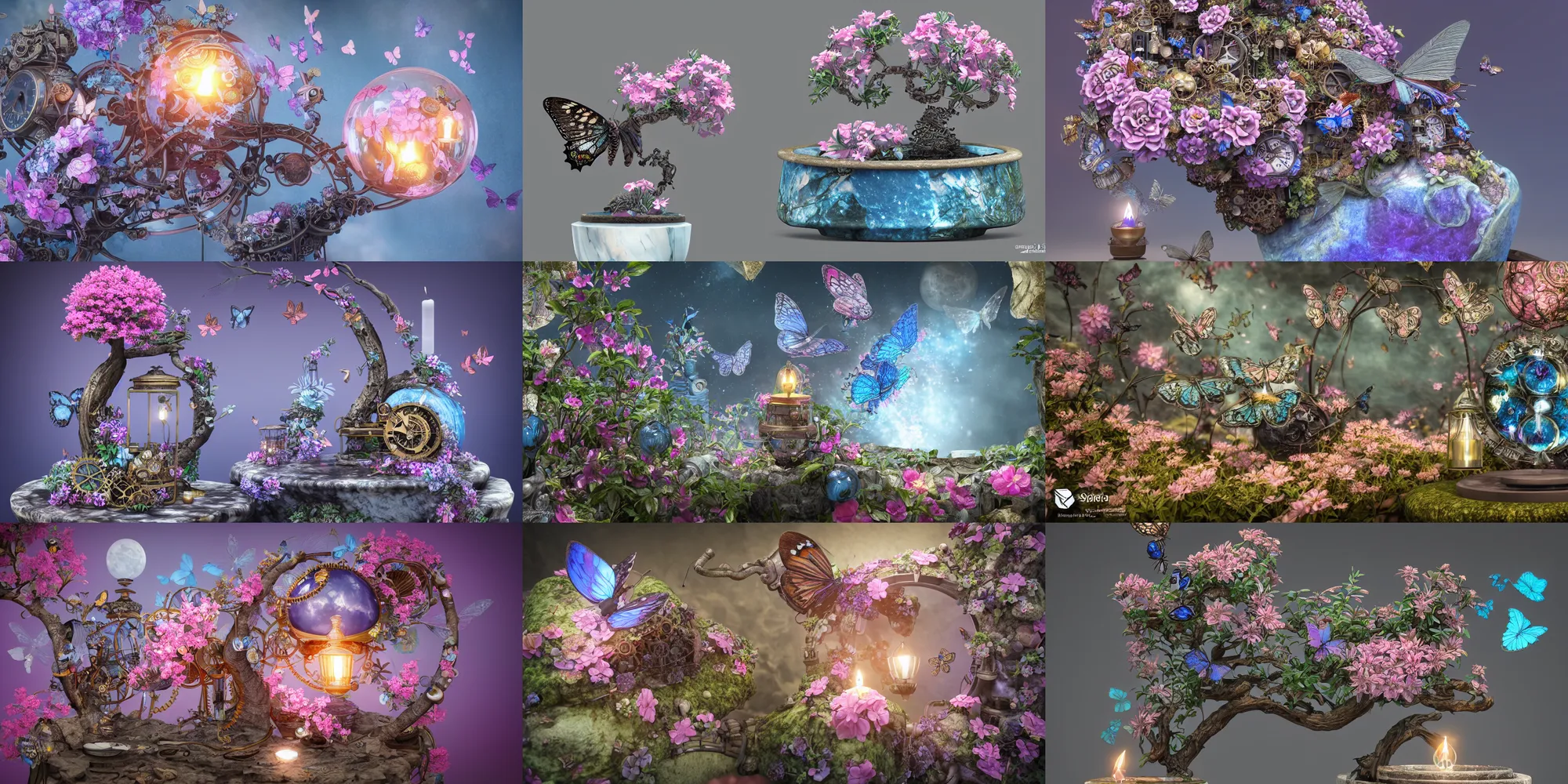 Prompt: steampunk butterfly, blue and pink bonsai tree, inside a marble, flower garden, intricate detail, hyper detailed, ultra realistic, sharp focus, octane render, lantern candle, butterfly, volumetric, ray tracing, artstation trending, moon,, fairy cgsociety, sense of awe, swirling mist, 4 k