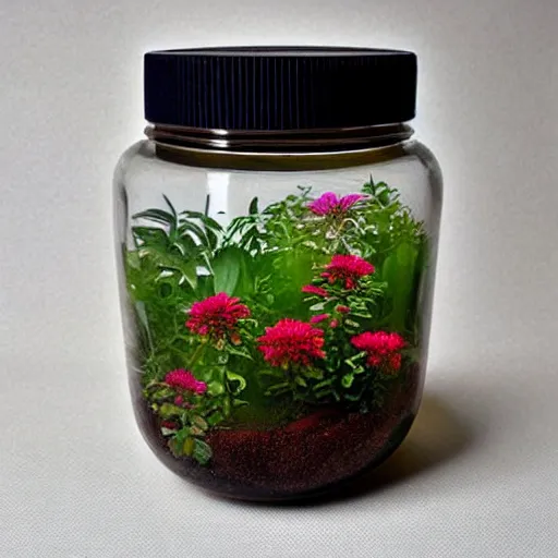 Image similar to a jar with a variety of beautiful plants inside, art