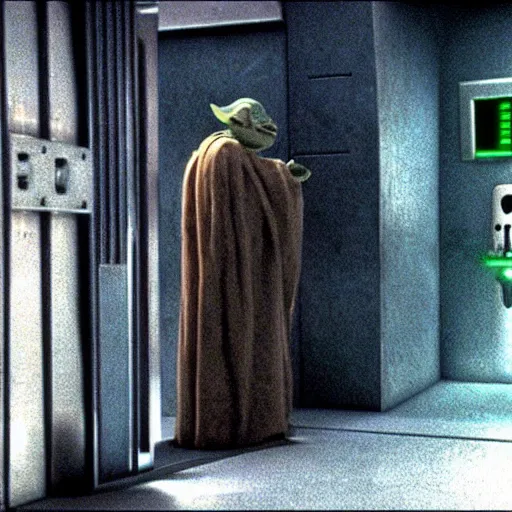 Image similar to master yoda too short to use the urinal in the bathroom of the death star, movie scene from a star wars movie 1 9 9 9