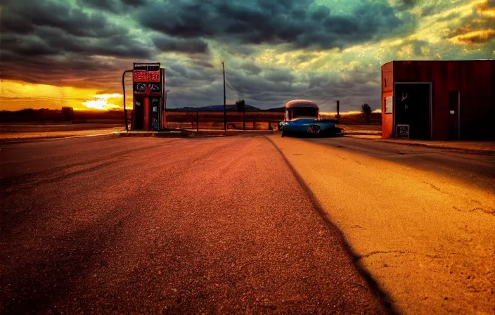 Image similar to a sunset light landscape with historical route 6 6, lots of sparkling details and sun ray ’ s, blinding backlight, smoke, volumetric lighting, colorful, octane, 3 5 mm, abandoned gas station, old rusty pickup - truck, beautiful epic colored reflections, very colorful heavenly, softlight