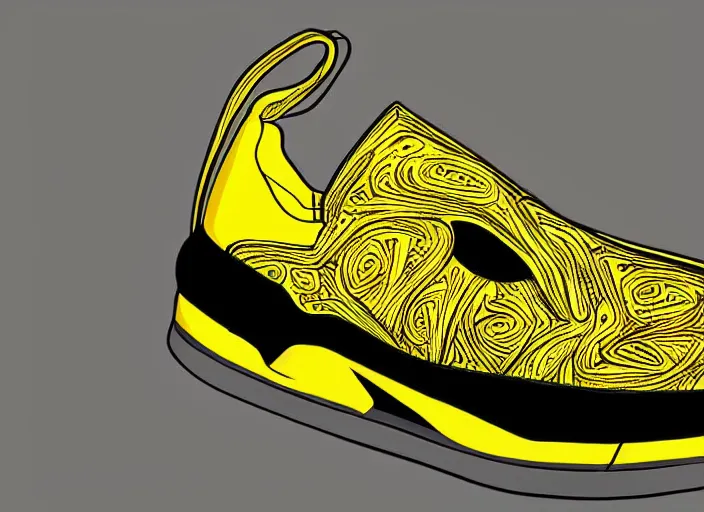 Prompt: sneaker concept, wth short golden lines, yellow details, highly detailed, digital art, sharp focus, trending on art station, anime art style