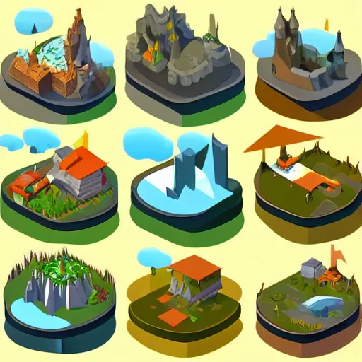 Prompt: fantasy isometric 3 d icons, 8 k, vector image, stock vector icons