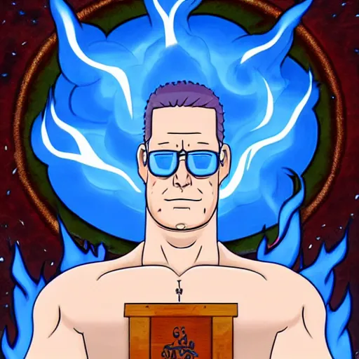 Image similar to hank hill as the god of propane, white tshirt, blue jeans, surrounded by blue fire, surrounded by blue flames, renaissance religious painting, late gothic religious paintings, byzantine religious art, trending on artstation