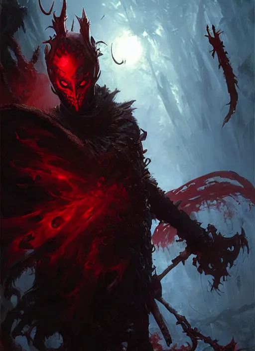 Image similar to male necromancer in a dark fantasy setting wearing a red mask, art by greg rutkowski, art by craig mullins, art by thomas kincade, art by Yoshitaka Amano