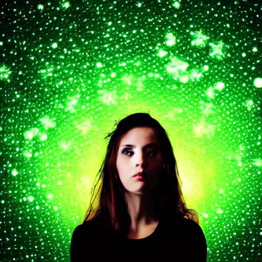 Image similar to Woman with stars for her eyes stars on glowing green background of the night sky