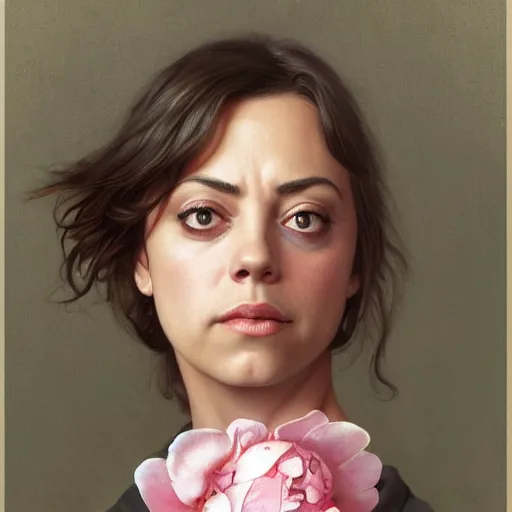 Image similar to pink petals with a ahape of a wonderful aubrey plaza and christina ricci and mila kunis and olivia newton john, intricate, elegant, highly detailed, wonderful eyes, sweet, digital painting, artstation, concept art, smooth, sharp focus, illustration, art by artgerm and greg rutkowski and alphonse mucha and william - adolphe bouguereau