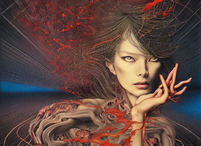 Prompt: transformation code which help love yourself, enclosed magic picture with unreal person, by ayami kojima, by francis bacon, by amano, by karol bak, greg hildebrandt, by mark brooks, by alex grey, by zdzisław beksinski, by takato yamamoto, vintage style, wrapped thermal background, high resolution, ultra detailed