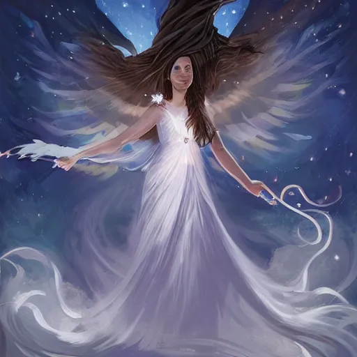 Image similar to The conceptual art features a woman with wings made of stars, surrounded by a blue and white night sky. The woman is holding a staff in one hand, and a star in the other. She is wearing a billowing white dress, and her hair is blowing in the wind. by Andreas Rocha random