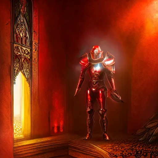 Prompt: evil knight, glowing halo, fantasy art, red intricate armor, located in a castle, morning sunlight through the window, decorated, high quality, highly detailed, 4 k