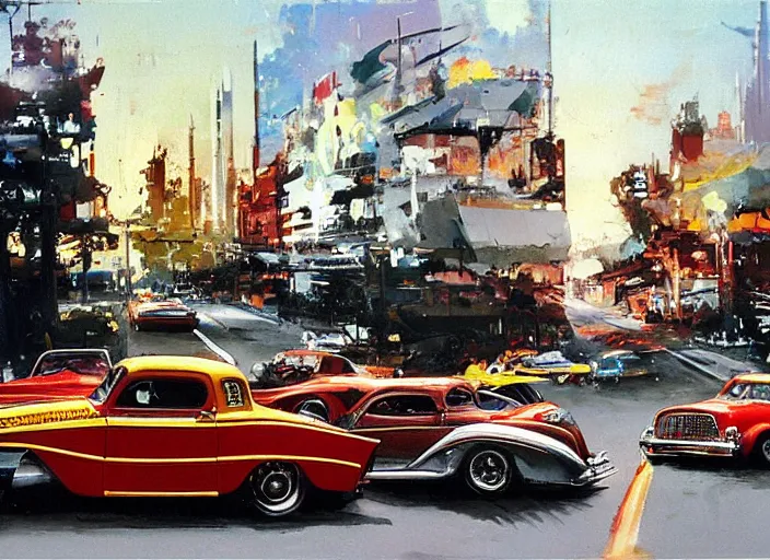 Image similar to hotrods driving down a street , vintage, highly detailed, by John Berkey