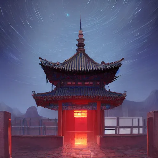 Image similar to a chinese prison at night lit by the stars, wispy smoke, highly detailed, very intricate, symmetrical, cinematic lighting, award - winning, painted by mandy jurgens, peter doig, dystopian, bold colors, dark vibes, anime aesthetic, featured on artstation