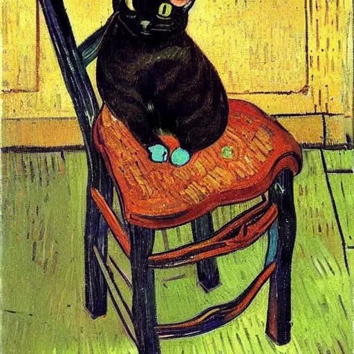 Prompt: cat sitting in a chair. oil painting by vincent van gogh.