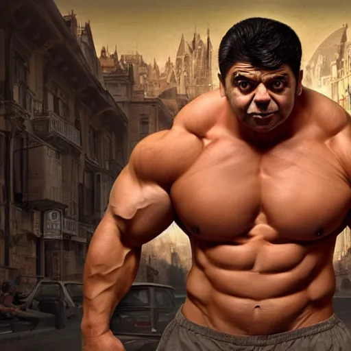 Image similar to upper body portrait of a hulking bulky swole steroids musclebound huge bodybuilder muscular herculean chiseled mr bean rowan atkinson, cinematic lighting, photorealistic, octane render, 8 k, depth of field, 3 d, art by artgerm and greg rutkowski and alphonse mucha and uang guangjian and gil elvgren and sachin ten