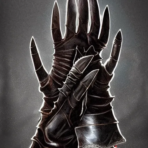 Image similar to gloves with metal claws, old leather gloves with attached talons, pointy fingertips, dark background, highly detailed, 8 k, trending on artstation, mystic, rpg artwork, by peter jackson, by sauron