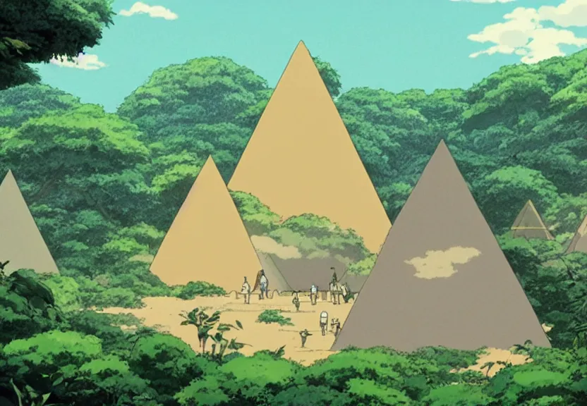 Prompt: a movie still from a studio ghibli film showing several large white pyramids and a golden ufo in the amazon jungle. very muted colors