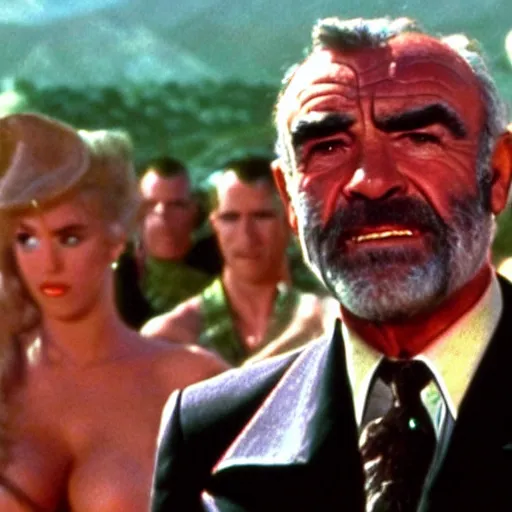 Prompt: sean connery in the last crusade dreaming about himself as 0 0 7 surrounded by numerous scantily clad women, shrek, and voldemort.