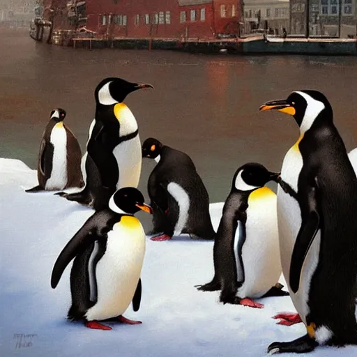 Prompt: penguins in copenhagen, epic rim lighting, digital art oil painting by norman rockwell trending on artstation