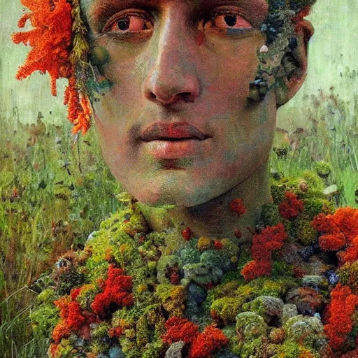 Image similar to a sculpture portrait made of moss and coral reefs and crystals and plants, painting part by wojciech siudmak, part by ilya repin, part by max ernst, part by norman rockwell, artstation