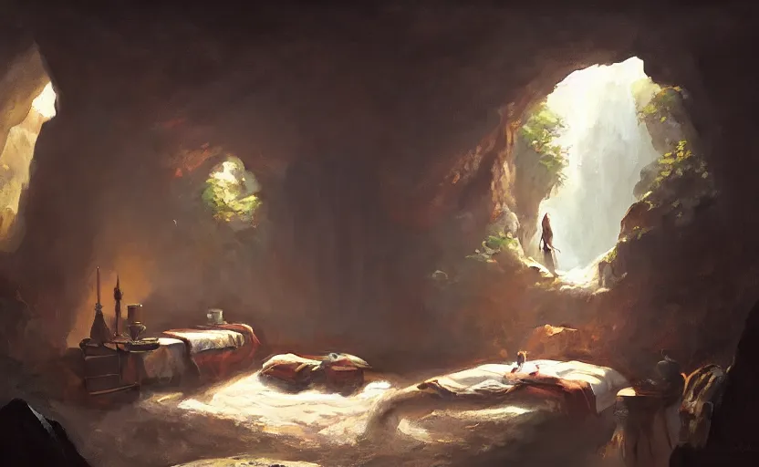 Prompt: painting of an interior of a cozy bedroom in a cave, small hot spring and waterfall in a connected room, natural light, fantasy, natural light, concept art, by greg rutkowski and craig mullins, cozy atmospheric and cinematic lighting, trending on artstation