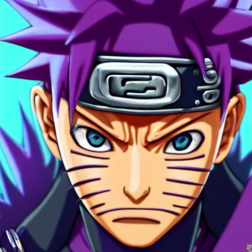 Image similar to close up portrait of a naruto in smooth purple ninja uniform, blue spiked hair, muscular, intense, body of an ultrafine hyperdetailed illustration by kim jung gi, irakli nadar, intricate linework, sharp focus, bright colors, octopath traveler, final fantasy, unreal engine 5, global illumination, radiant light.