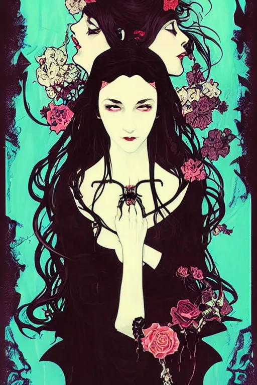 Image similar to beautiful gothic vampire girl propaganda screen printing movie poster, art style by sachin teng, artgerm, alphonse mucha, graffiti street art, iconic, masterpiece, organic painting, hard edges, ornate and hyper detailed