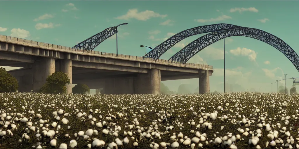 Image similar to a big bridge destroyed by cotton plants, 3 d octane render, epic lighting, 8 k, by goro fujita