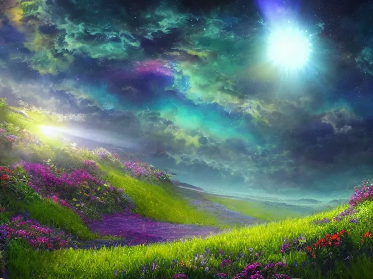 Image similar to a fine painting of a glorious place where the heavens open to the great cosmos, where flowers are launched into the unknown 8 k, ultra realistic, lens flare, atmosphere, glow, detailed, intricate, full of colour, cinematic lighting, trending on artstation, 4 k, hyperrealistic, focused, extreme details, unreal engine 5, cinematic, masterpiece