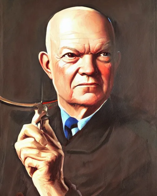 Image similar to a painting of a dwight eisenhower holding a sword, a character portrait by quirizio di giovanni da murano, reddit, antipodeans, ilya kuvshinov, official art, tarot card