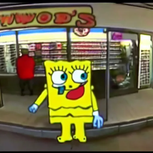 Prompt: cctv footage recorded last night of a man in a spongebob squarepants costume robbing a store