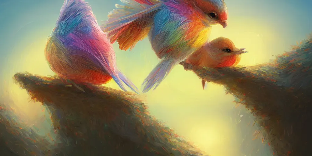 Image similar to baby bird, sunrise, pot of gold, rainbow, sci-fi, fantasy, intricate, very very beautiful, elegant, highly detailed, digital painting, artstation, concept art, smooth, sharp focus, illustration