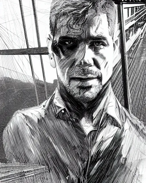 Image similar to portrait of a man standing on a bridge, detailed illustration, digital art, trending on artstation, martin ansin,