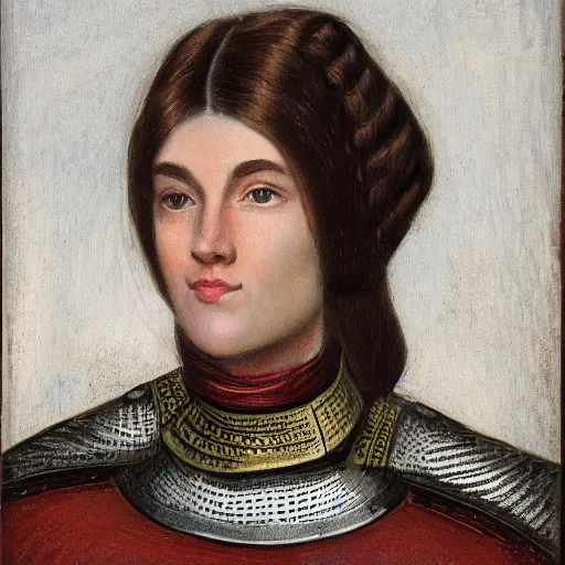 Prompt: head and shoulders portrait of a female knight