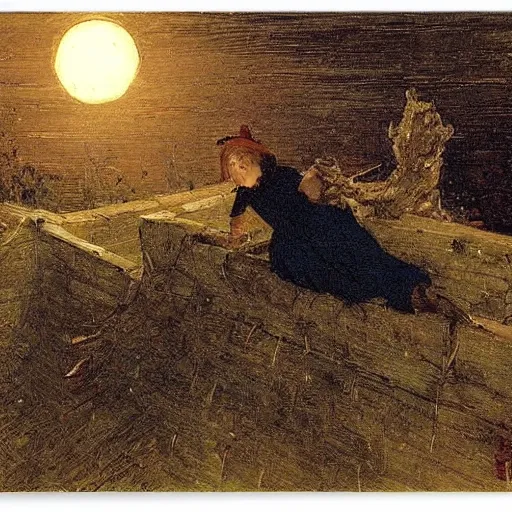 Image similar to witch resting on a rooftop, illuminated by moonlight, by ilya repin