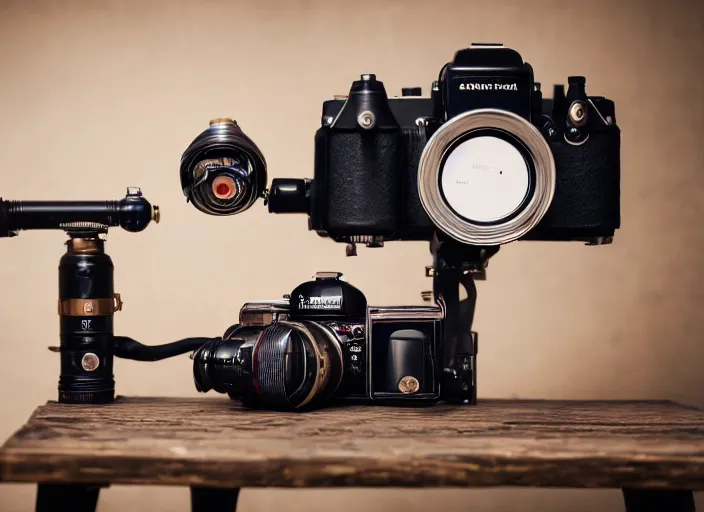 Image similar to a steampunk dslr camera on a wooden table, tubes, dials, studio light, edge lit, detailed, product photography